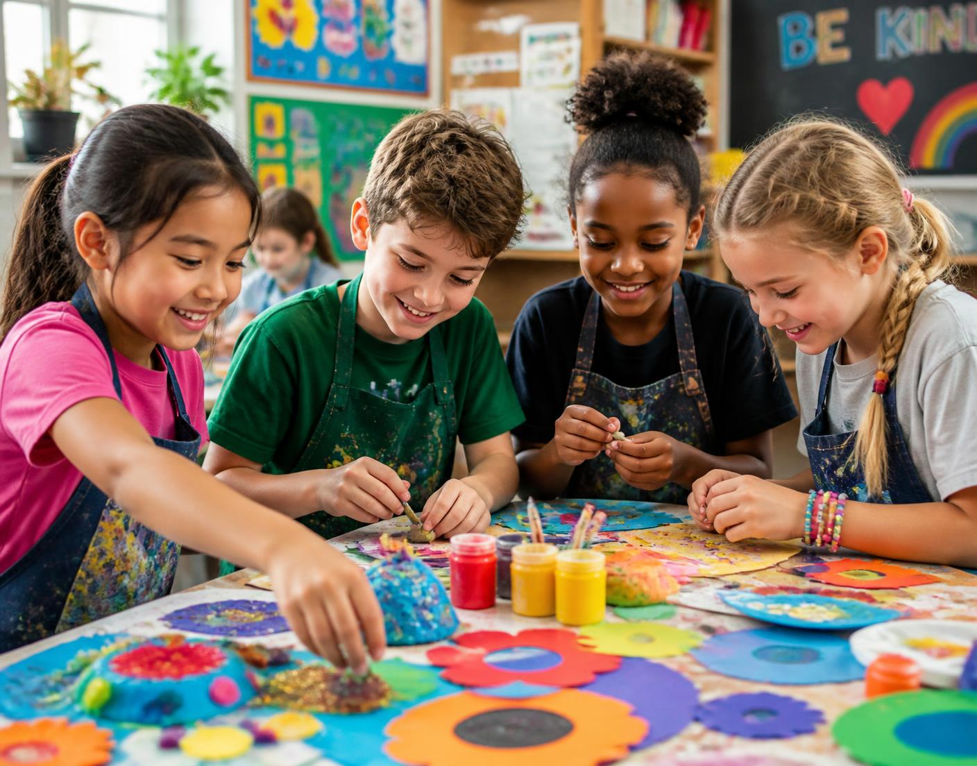 School children making colourful paper and paint crafts together at a classroom table